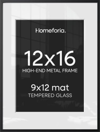 Homeforia 12x16 Black Picture Frame, High-End Metal, 9x12 Mat, Glass by Homeforia