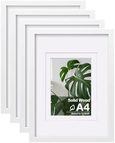 Egofine A4 Picture Frames Set of 4, Made of Solid Wood Covered by Plexiglass 5x7 and 6x8 with Mat or A4 whitout Mat, for Table Top Display and Wall Mounting Photo Frame White by Egofine