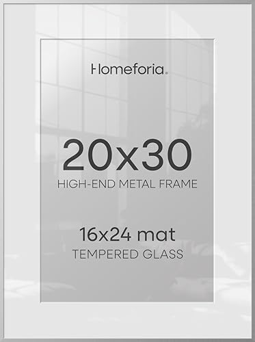 Homeforia 20x30 Silver Picture Frame, High-End Metal, 16x24 Mat, Glass by Homeforia