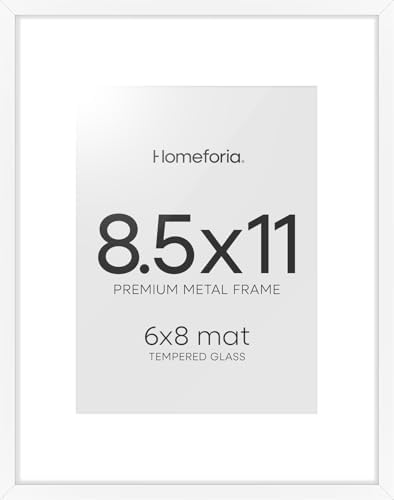 Homeforia 8.5x11 White Picture Frame, High-End Metal, 6x8 Mat, Glass by Homeforia