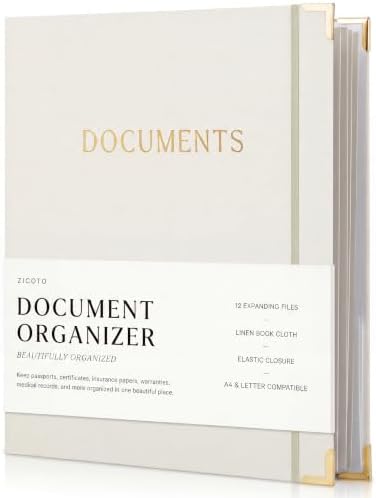 Important Document Organizer Set with Folders - Complete Linen Ring Binder by ZICOTO