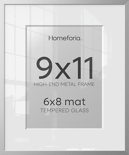 Homeforia 9x11 Silver Picture Frame, High-End Metal, 6x8 Mat, Glass by Homeforia