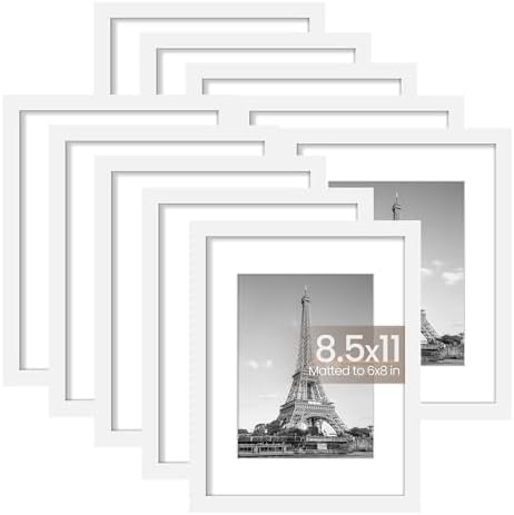 upsimples 8.5x11 Picture Frame Set of 10, Display Pictures 6x8 with Mat or 8.5x11 Without, Multi Photo Frames Collage for Wall or Tabletop Display, White by upsimples