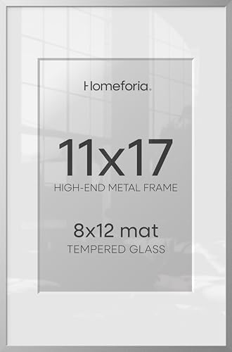 Homeforia 11x17 Silver Picture Frame, High-End Metal, 8x12 Mat, Glass by Homeforia
