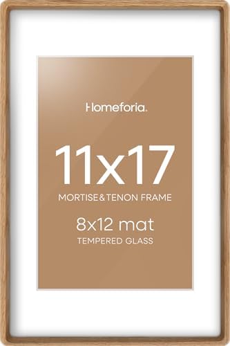 Homeforia 11x17 Mortise&Tenon Natural Oak Picture Frame, 8x12 Mat, Glass by Homeforia