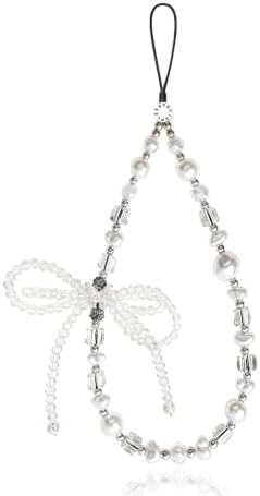 Cell Phone Charm Pearl Beaded Phone Wrist Strap Elegant Aesthetic Handmade Anti-Lost Pearl Chain Bracelet for iPhone 17 Pro Samsung All Smartphones Wristlet Gift for Women Clear Crystal Double Bow Faux by Casecond