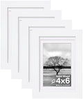 Egofine 4x6 Picture Frames Set of 4, Made of Solid Wood Covered by Plexiglass 3x4.5 and 3.5x5 with Mat or 4x6 without Mat, for Table Top Display and Wall Mounting Photo Frame White by Egofine