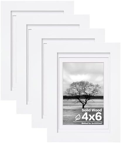 Egofine 4x6 Picture Frames Set of 4, Made of Solid Wood Covered by Plexiglass 3x4.5 and 3.5x5 with Mat or 4x6 without Mat, for Table Top Display and Wall Mounting Photo Frame White by Egofine
