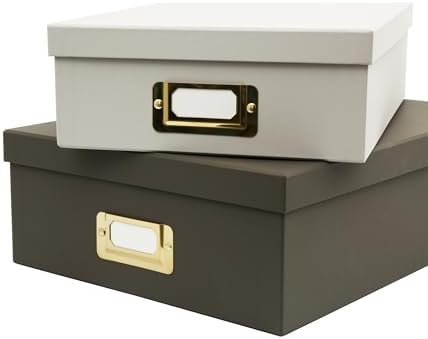2-Piece Decorative Storage Boxes with Lids, Rich and Soft Gray, Sturdy Cardboard File and Keepsake Organizer with Metal Label Holders, Stackable Document Storage Boxes for Home & Office - Image 5