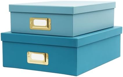2-Piece Decorative Storage Boxes with Lids, Ocean Blue and Sky Blue combination Document Organizers with Gold Label Holders, Home Decor, Photo Storage, Files Organizer and Keepsake Box by MIZFRUZZY