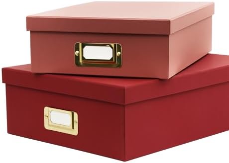 2-Piece Decorative Storage Boxes with Lids with Gold Label Holders, Two-tone Red Design, Stackable Cardboard Document Storage Boxes for Office, Home, Photos, Files and Keepsake Box - Image 5