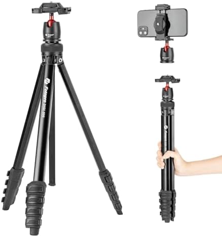 Fotopro 64” Camera Tripod 2-in-1 Compact Phone Stand with Hidden Cold Shoe Phone Clip, Portable Travel Tripods with Fluid Video Head 1.5lbs Lightweight Aluminum Tripod Max Load 6.6lbs DIGI-500 Black by Fotopro