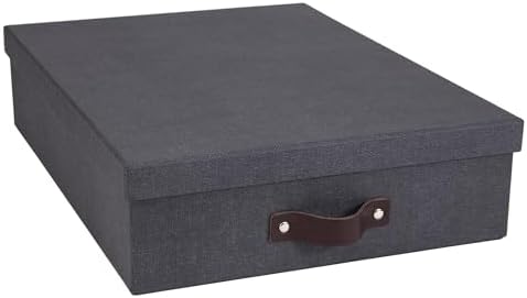 Bigso Oskar Canvas Fiberboard Document Letter Box for Important Paperwork A4 or Letter Size - Durable Keepsake Box with Lid and Leather Handle - 3.3in x 10.2in x 13.8in - Black by Bigso