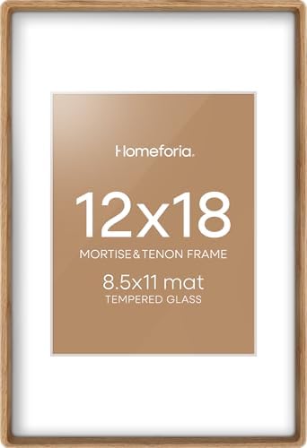 Homeforia 12x18 Mortise&Tenon Natural Oak Picture Frame, 8.5x11 Mat, Glass by Homeforia