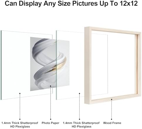 Egofine 12x12 Floating Frames Set of 2, Double Plexiglass Picture Frame, Made of Solid Wood Display Any Size Photos up to 12x12, Wall Mount or Tabletop Standing, Beige - Image 3