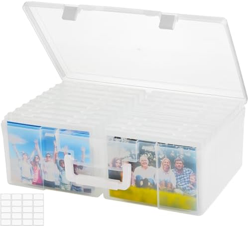 ALINK Photo Storage Box 5" x 7" with Handle, 18 Pcs Clear Photo Containers Organizer and Craft Keeper, Portable Picture Case with Label for Arts, Crafts, Sewing, Stickers, Office Supplies by ALINK