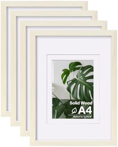Egofine A4 Picture Frames Set of 4, Made of Solid Wood Covered by Plexiglass 5x7 and 6x8 with Mat or A4 without Mat, for Table Top Display and Wall Mounting Photo Frame Beige by Egofine