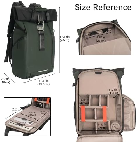 Besnfoto Camera Backpack, Waterproof Travel Camera Bag for Photographer Expandable Roll Top Photography Case for DSLR SLR Mirrorless Camera Fit up to 15.6 inch Laptop with Rain Cover - Image 6