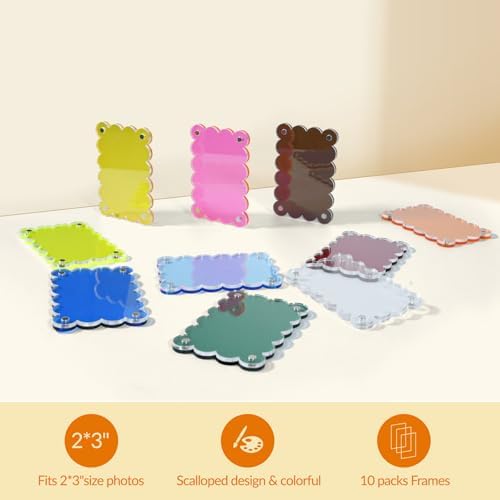 10 Pack 2.36 x 3.54 Inch Acrylic Fridge Magnetic Frame Scalloped, Double Sided Polaroid Frame, Magnet Picture Frames for Fridge suit Fujifilm Instax Mini, Frames for Fridge/Locker, Colorful Set - Image 2