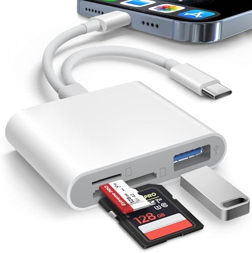 AkHolz SD Card Reader for iPhone iPad Built-in Dual Cords (Lightening, USB-C) Card Reader with SD MicroSD USB-A 3 Slots Trail Camera Memory Card Viewer Portable No App Required Plug and Play - White by AkHolz