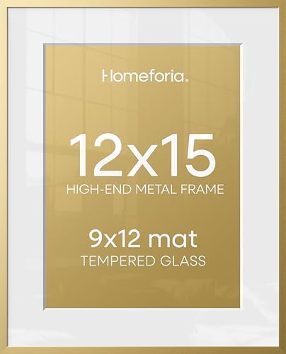 Homeforia 12x15 Gold Picture Frame, High-End Metal, 9x12 Mat, Glass by Homeforia