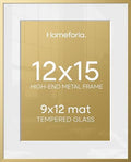 Homeforia 12x15 Gold Picture Frame, High-End Metal, 9x12 Mat, Glass by Homeforia