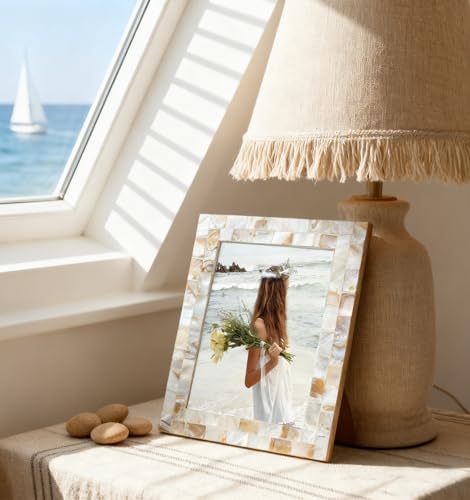 Picture Frame 5x7 Mother of Pearl Photo Frame,Beach Picture Frame Tabletop or Wall Hanging Display Frame(5x7 Natural White,1pc) - Image 5