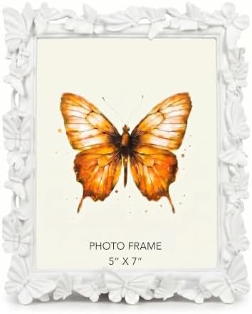 White 5x7 Vintage Picture Frames Golden Butterfly Elegant Retro European Design, Antique Photo Frame for Wall Hanging and Tabletop Display, Retro Design Home Decor by Yanoayimo