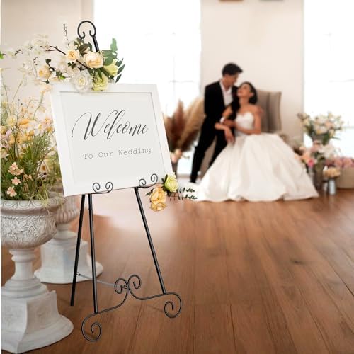 46" H Metal Round Tube Scroll Display Easel, Classic Black Decorative Large Adjustable Floor Standing Easel with Chain Support, Perfect for Showcasing Pictures, Artwork, Picture Frame Wedding Sign Etc - Image 4