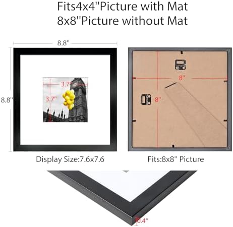 8x8 Picture Frame Set of 6, Display Pictures 4x4 with Mat or 8x8 Without Mat, Tabletop Display and Wall Hanging Photo Frame, Collage Wall Decor Gallery Wall Frame Set, Black - Image 4