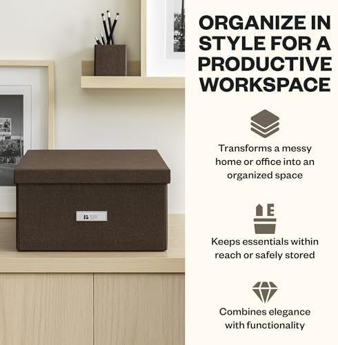 Bigso Katrin Collapsible Storage Box with Lid - Decorative Photo Storage Box with Label Holder for Easy Identification - Simple Assembly without Tools - W13.5 x D17.6 x H7.2 (inches) - Dark Brown - Image 3