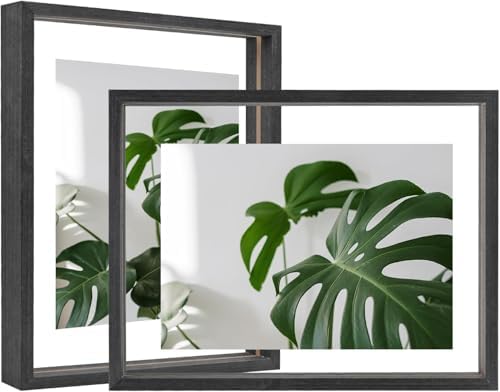 Egofine 8.5x11 Floating Frames Set of 2, Double Plexiglass Picture Frame, Made of Solid Wood Display Any Size Photo up to 8.5x11, Wall Mount or Tabletop Standing, Faded Black by Egofine