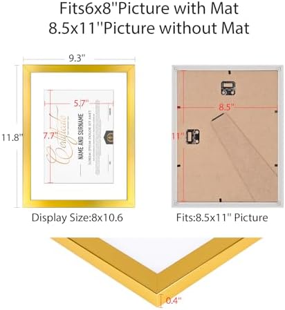 8.5x11 Picture Frame Set of 6, Certificate Document Frame, Diploma Frame, Display Pictures 8.5x11 Without Mat, Gold - Image 2