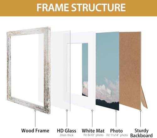 Califortree Rustic White 11x14 Picture Frame - Display Photos 8x10 with Mat or 11x14 Without Mat - HD Glass Inside, Display for Wall - Image 4