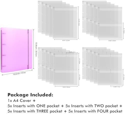 A4 Dies and Stamps Storage Book Binder Folder, Page Protectors Pockets Inserts Organizer for Cutting Dies Stencil Album Stamp Crafts, 1Pcs Purple Storage Book Cover & 20 Inserts with 1/2/3/4 Pockets - Image 3