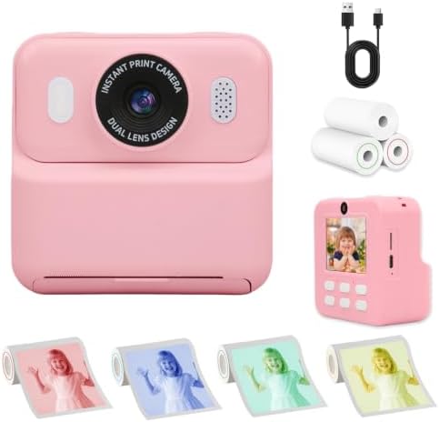 Kids Instant Print Camera,32GB Card, Dual Lens 1080P HD Video Camera for Boys Girls, Thermal Print Toy Camera, 16X Zoom, 2.4" IPS Screen, Puzzle Games, Christmas Birthday Gift for Kids 3-12 (Pink) by PortableHDDigitalCameras