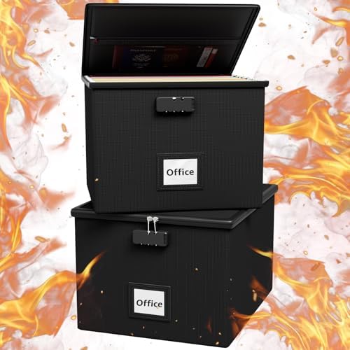 2 Pack Fireproof Document Box File Organizer - Portable Waterproof Fire Safe Locking Filing Storage Box with Handle for Hanging Letter Size Folder Important Document by ROSONG