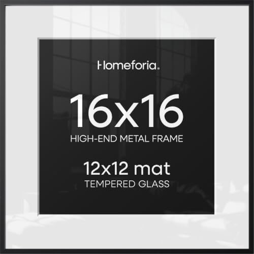 Homeforia 16x16 Black Picture Frame, High-End Metal, 12x12 Mat, Glass by Homeforia