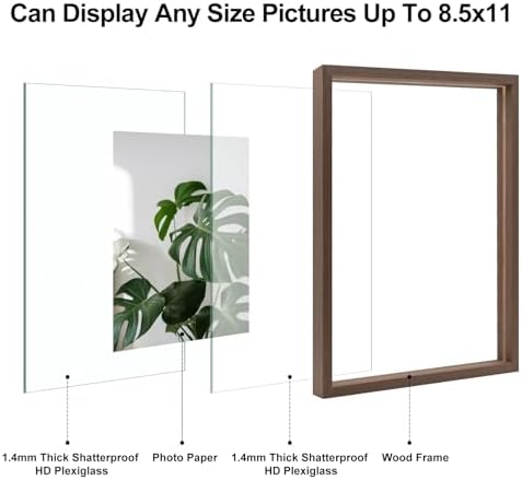 Egofine 8.5x11 Floating Frames Set of 2, Double Plexiglass Picture Frame, Made of Solid Wood Display Any Size Photo up to 8.5x11, Wall Mount or Tabletop Standing, Brown - Image 3