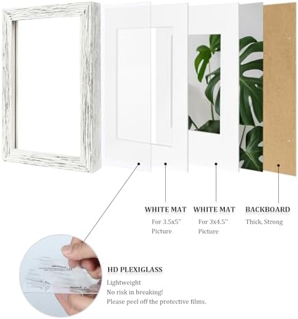 Egofine 4x6 Picture Frames Set of 4, Made of Solid Wood Covered by Plexiglass 3x4.5 and 3.5x5 with Mat or 4x6 without Mat, for Table Top Display and Wall Mounting Photo Frame, Driftwood White - Image 4