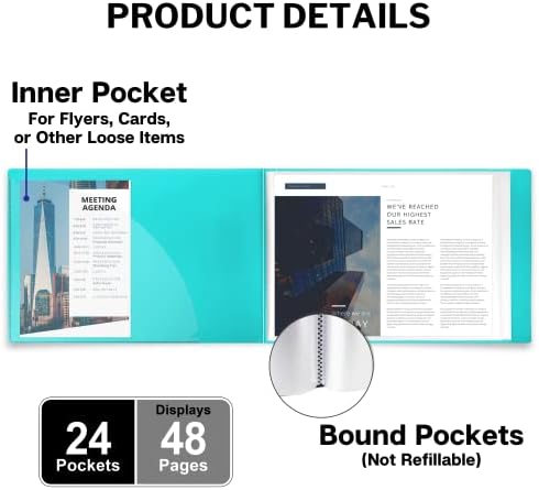 Dunwell 8.5x11 Portfolio Binder, Horizontal, Aqua, 24 Pockets, Poly - Image 3