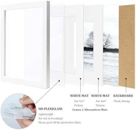 Egofine 8x10 Picture Frames Set of 4, Made of Solid Wood Covered by Plexiglass 4x6 and 5x7 with Mat or 8x10 without Mat, for Table Top Display and Wall Mounting Photo Frame White - Image 4