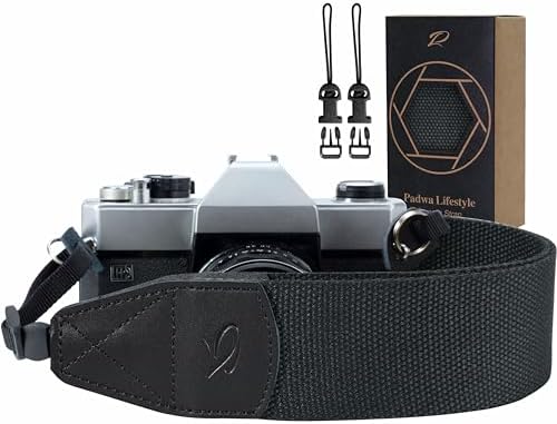 Padwa Lifestyle Black Camera Strap - 2" Wide Cotton Woven Genuine Leather Head Camera Straps,Complimentary 2 Pcs Quick Release Clips for All DSLR/SLR Cameras, Binoculars and Drone Remote Control by PadwaLifestyleCameraStrap