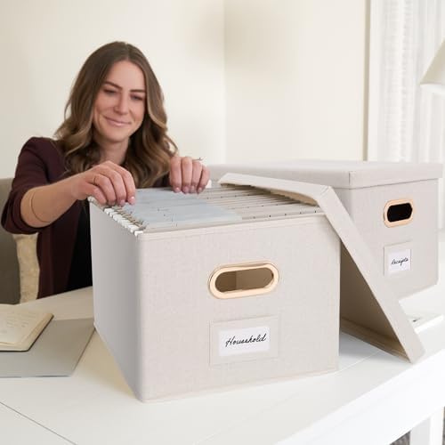 Decorative File Organizer Box Set of 2 - Collapsible Linen Filing Cabinets - Image 6