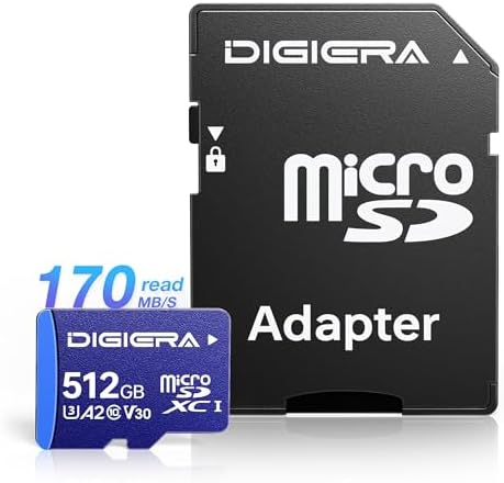 DIGIERA 512GB LT100 microSDXC UHS-I Memory Card with Adapter - up to 170MB/s, C10, U3, V30, 4K, A2, Micro SD Card for Smartphones, Tablets, Cameras, Gaming Consoles, and Drones (1 Pack) by DIGIERA