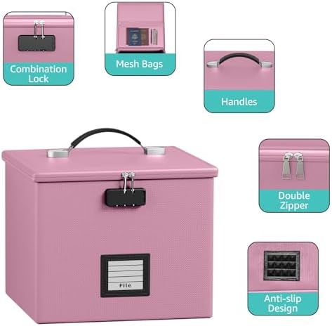 Pink Fire Proof File Box for Documents - Portable Fireproof Document Organizer Box with Handle Waterproof Safe Locking Folder Storage with Lid - Image 4