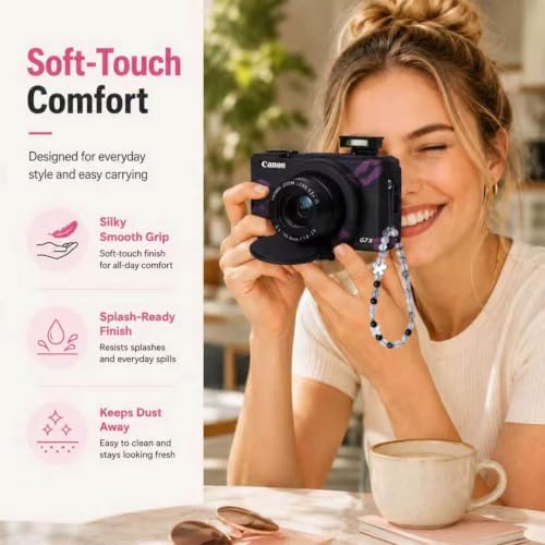 Cute Camera Case for Canon G7X Mark III,Silicone Protective Cover with Removable Lens Cap,Bracelet Wrist Strap & 2 Pack Tempered Glass Screen Protector for Women (Black Lips) - Image 4