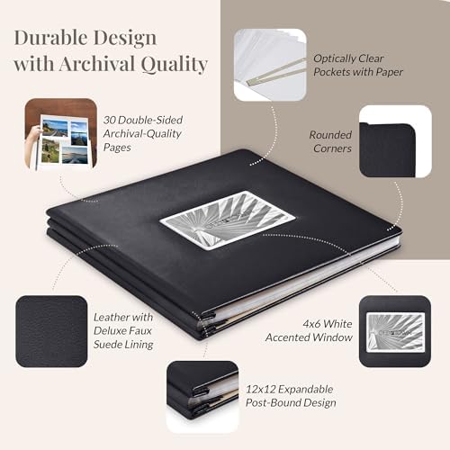 Old Town Bonded Leather Photo Album, Large Leather Scrapbook, Expandable Scrapbook Album 12x12 Double-Sided White Paper Pages and Optically Clear Pockets, Faux Suede Lining, Black - Image 3