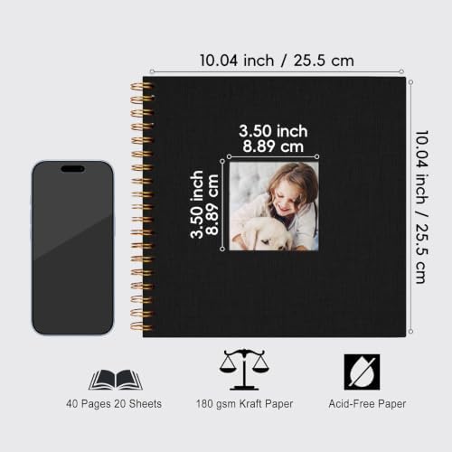 10 x 10 Inch Scrapbook Photo Album, Hardcover Kraft White Pages Arch Window Photo, Memory Book Linen Cover for Photos, Scrapbook Albums for Travel, Wedding Anniversary Christmas Baby 40 Pages, Black - Image 3