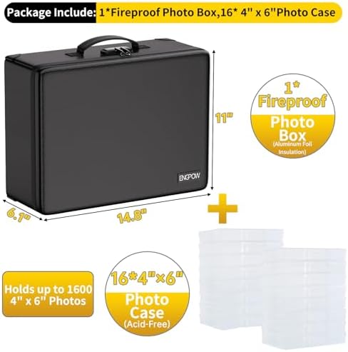 ENGPOW Fireproof 5200°F Photo Storage Box with 16 Inner 4" x 6" Photo Case(Clear), Photo Organizer with Lock, Portable Acid-Free Photo Keeper Safe Storage with Handles for Home, Office, Travel - Image 2